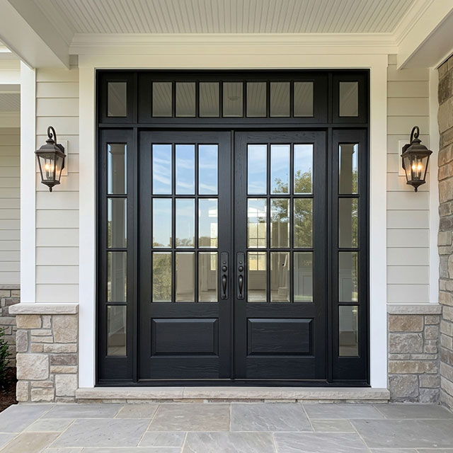 custom size black french double door system