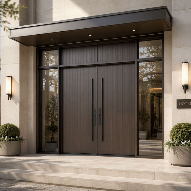 Commercial Projects Black Walnut Front Double Door System with Sidelights & Transom