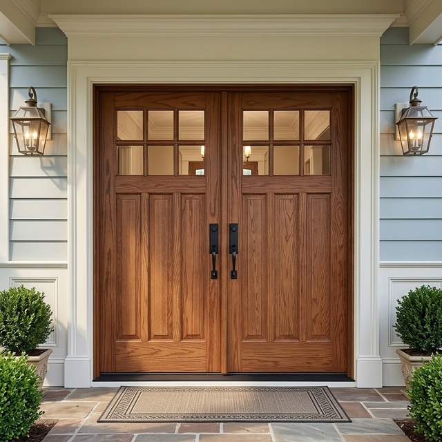 Craftsman style wood front double door