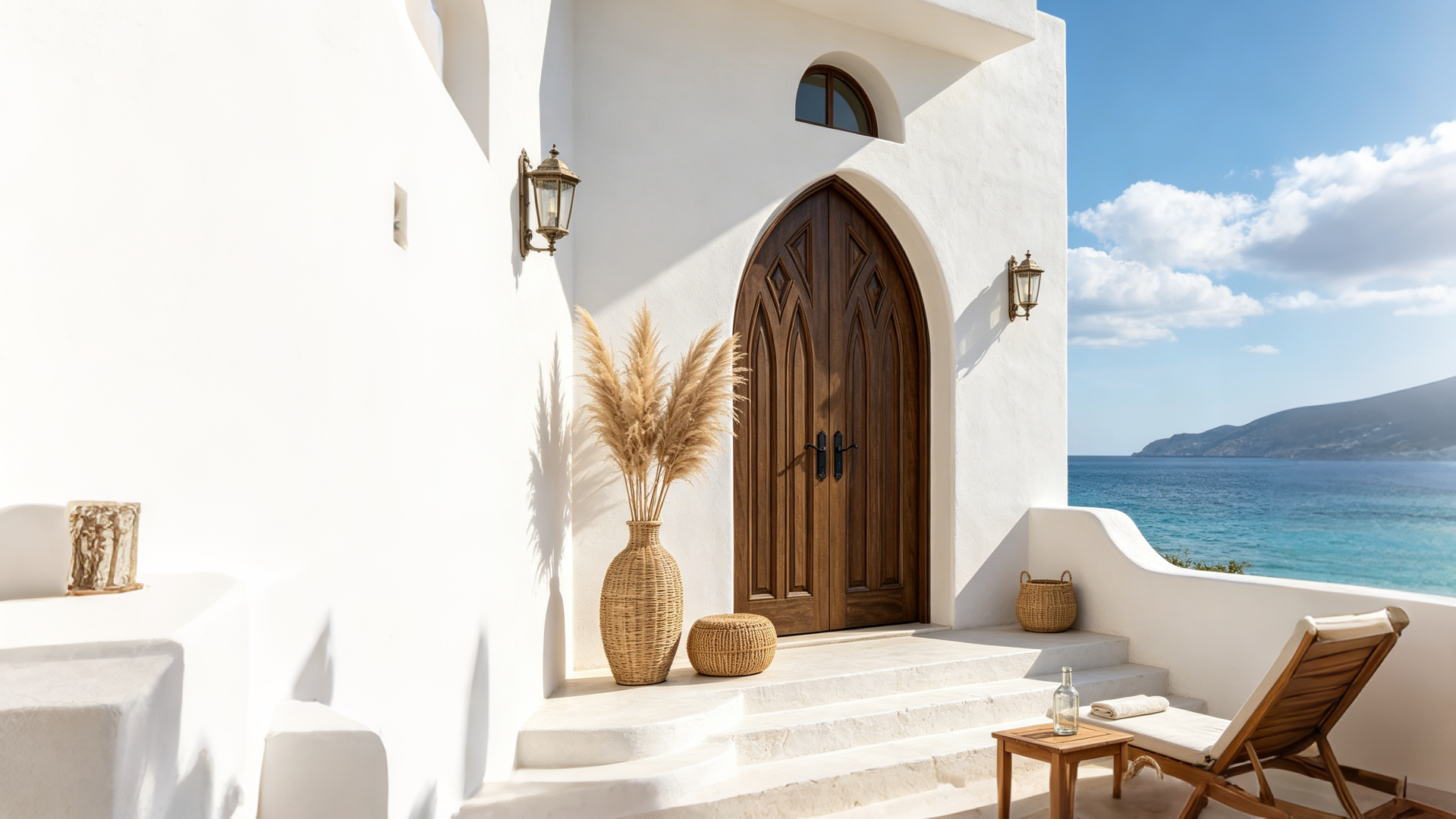 Grand Gothic-style Solid Wood Arched Entrance Double Doors installed in a luxury coastal property showcasing architectural grandeur