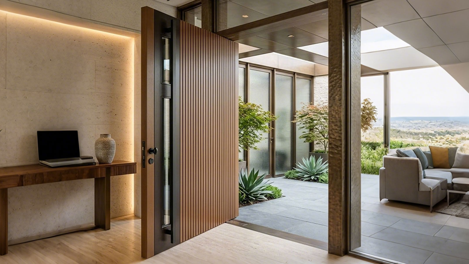 Modern Hardwood Front Pivot Door with Glass opening into a luxury courtyard showcasing heavy-duty pivot hardware