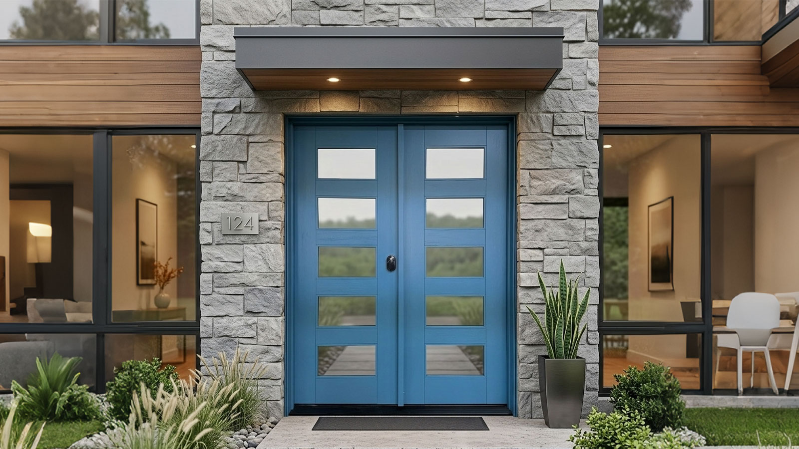 Mid Century Modern Blue Hardwood Double Front Exterior Doors with Glass Panels installed in a modern architectural home