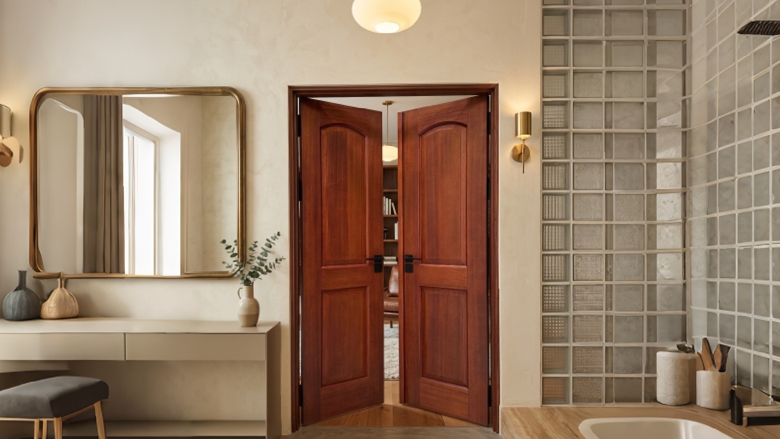Rich reddish-brown custom durable solid hardwood interior double doors with arched panels and matte black hardware installed in a modern luxury bathroom setting