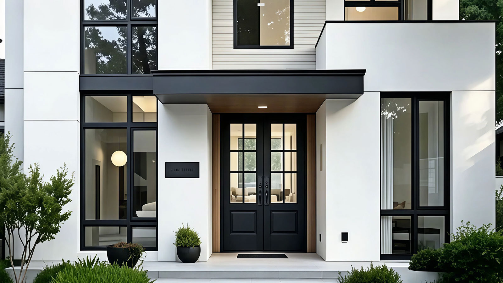 Modern double wood entry doors with glass featuring a sleek black finish and geometric glass panels installed in a contemporary white luxury home exterior.
