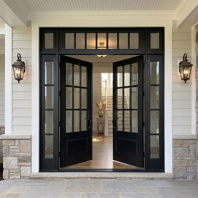 custom size black french double door system