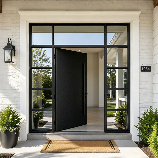 Modern 11-Lite Single Front Door with 2 Sidelights and Transom