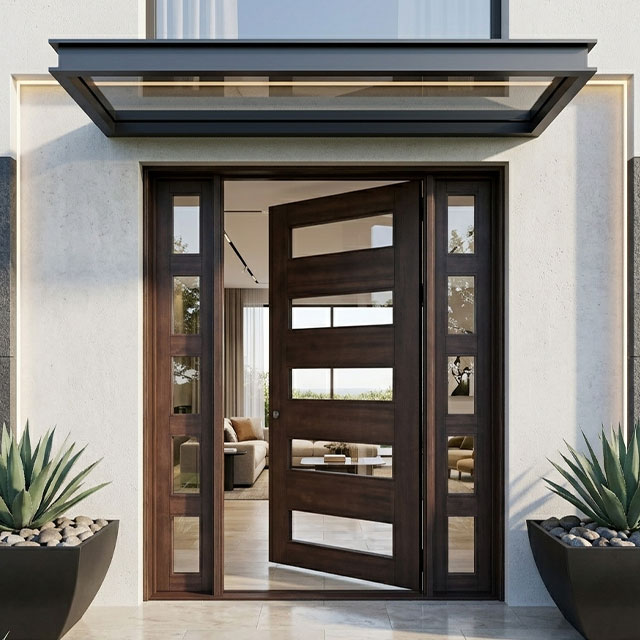 Modern Glass Solid Wood Single Front Door with Sidelights