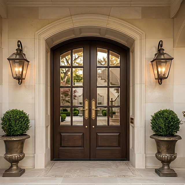 Custom French Arched Solid Wood Double Entry Doors with Glass Panels