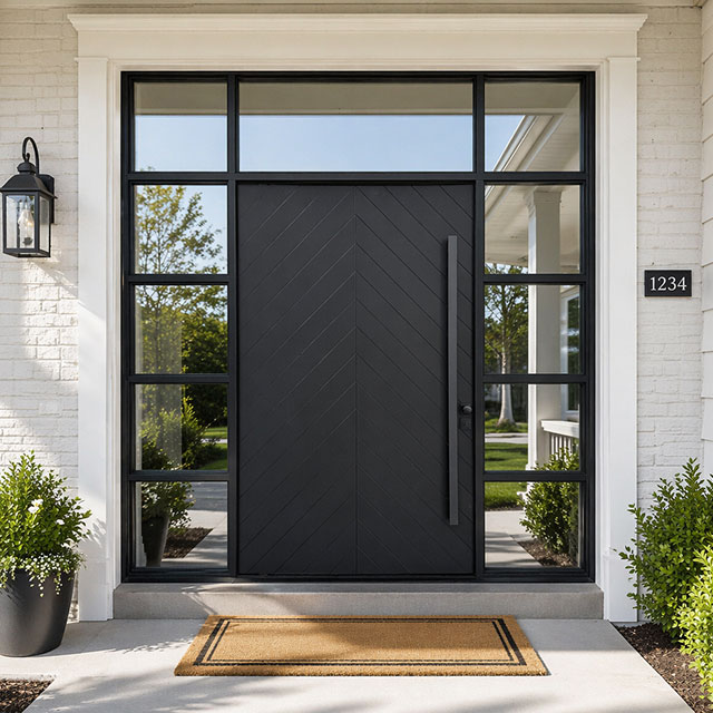 Modern 11-Lite Single Front Door with 2 Sidelights and Transom