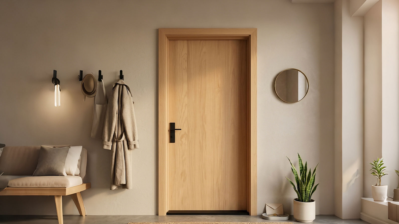 Minimalist Pine Solid Core Flush Door Slab installed in a modern residential entryway with natural lighting