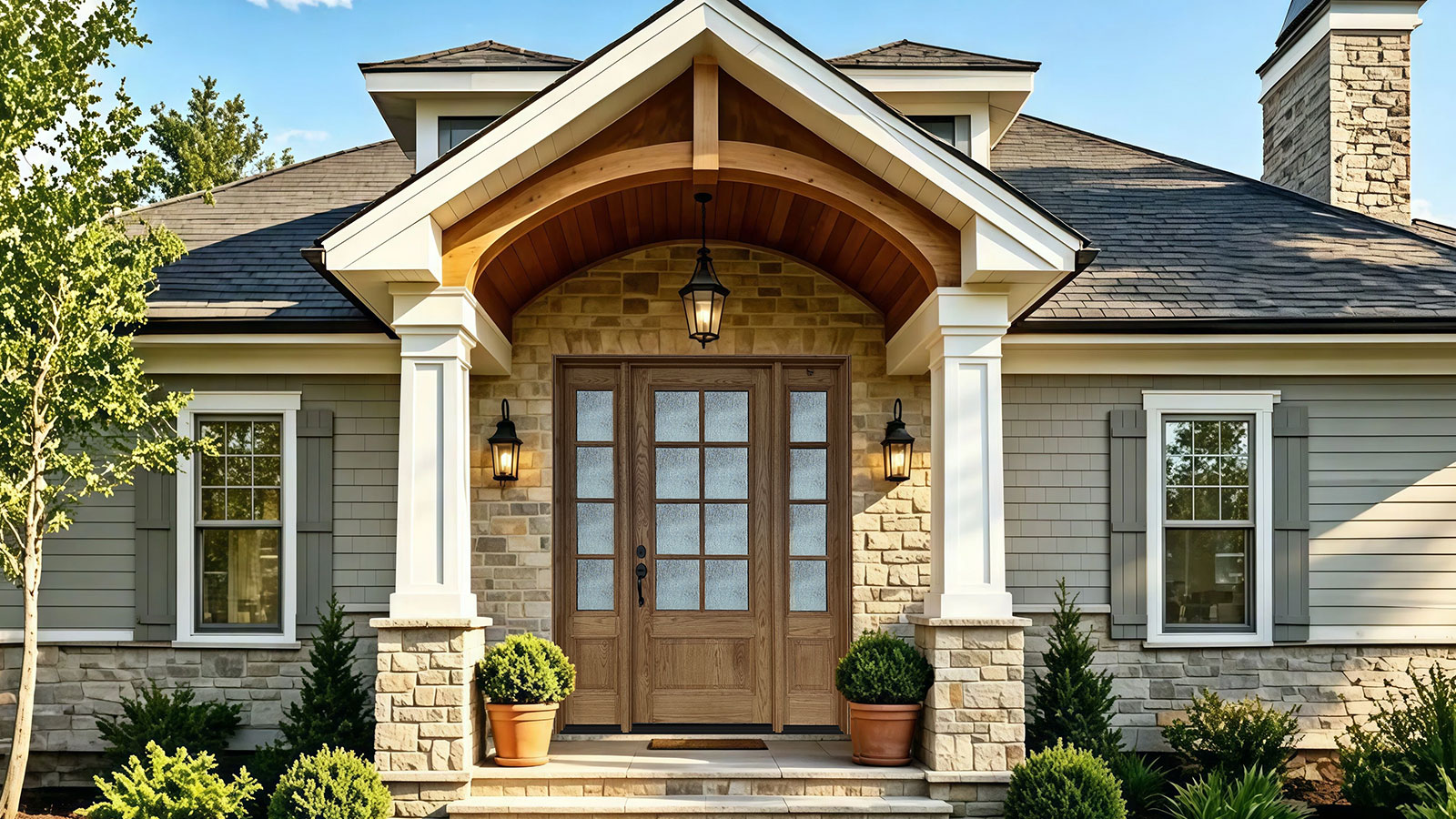 Premium solid wood double sidelights front door installed in a luxury residential exterior