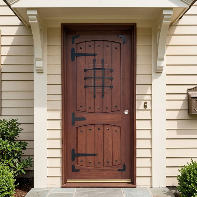 Speakeasy Window Reddish Brown Solid Wood Front Door with Wrought Iron Grille