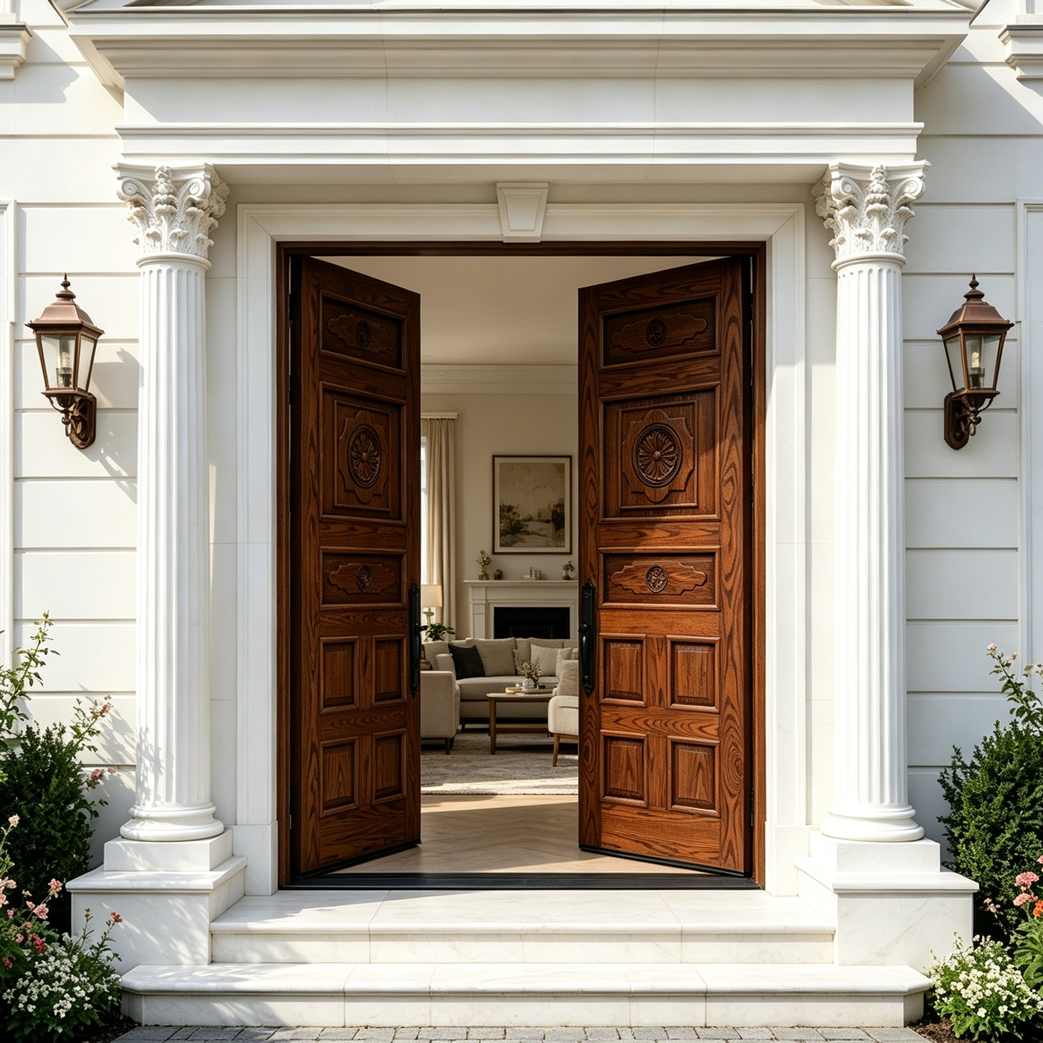 Luxury Style Solid Wood Carved Double Front Door