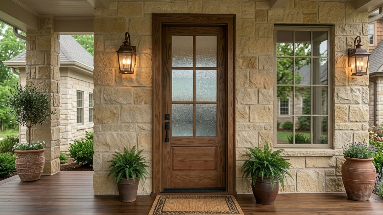 Elegant single wood front door with glass panels installed in a modern architectural entryway