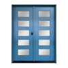 Mid Century Modern Blue Hardwood Double Front Exterior Doors with Glass Panels