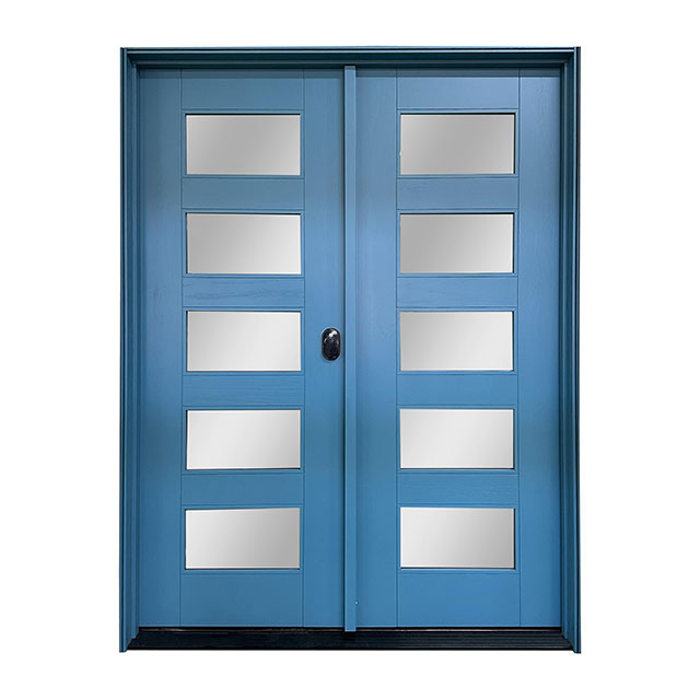 Mid Century Modern Blue Hardwood Double Front Exterior Doors with Glass Panels