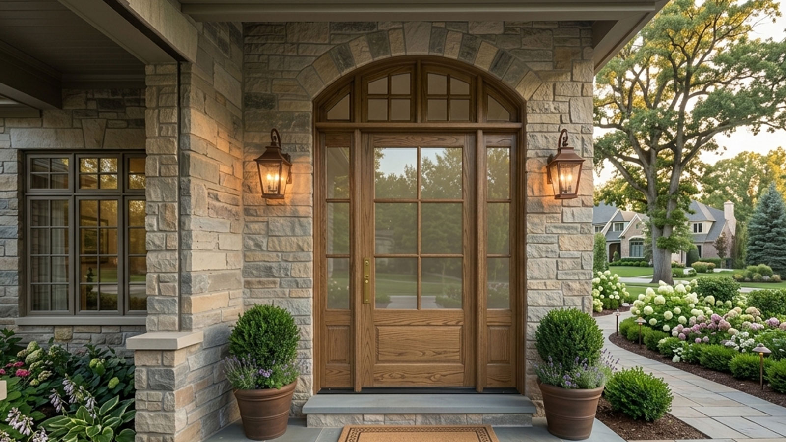 Solid wood front door with sidelights and transom showcasing premium craftsmanship and elegant architectural design