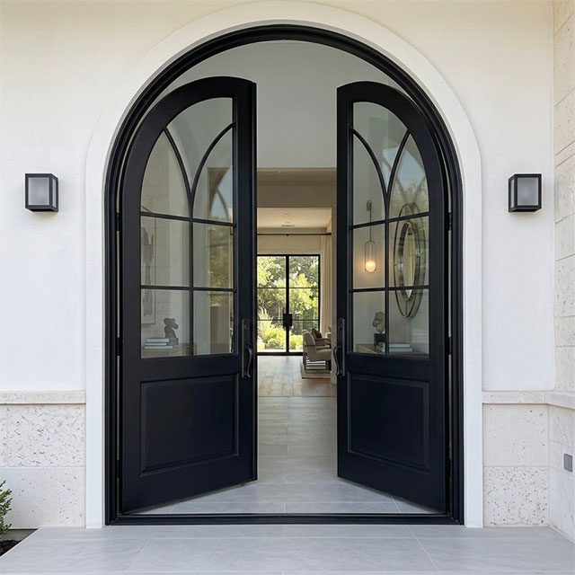 Spec-Grade Entry Arched Solid Wood Double Front Door with Glass