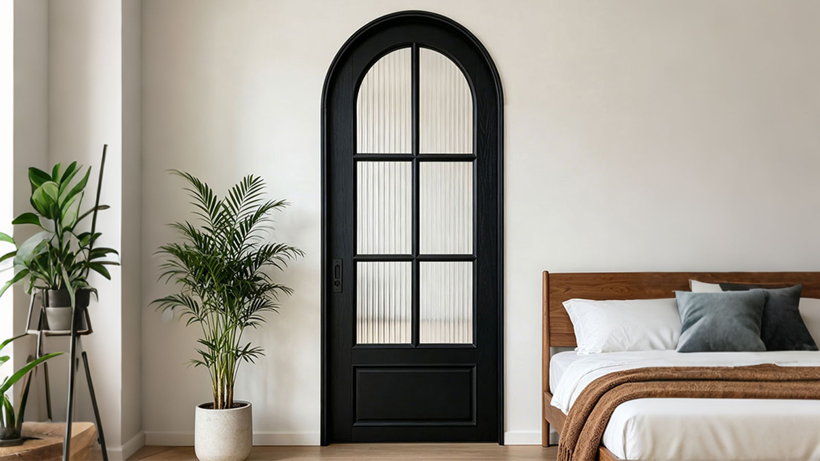 Modern Solid Wood Sliding Glass Pocket Door separating a bedroom and office space with elegant frosted glass