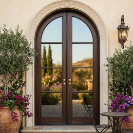 French 8-lites Glass Wooden Curved Top Exterior Double Doors