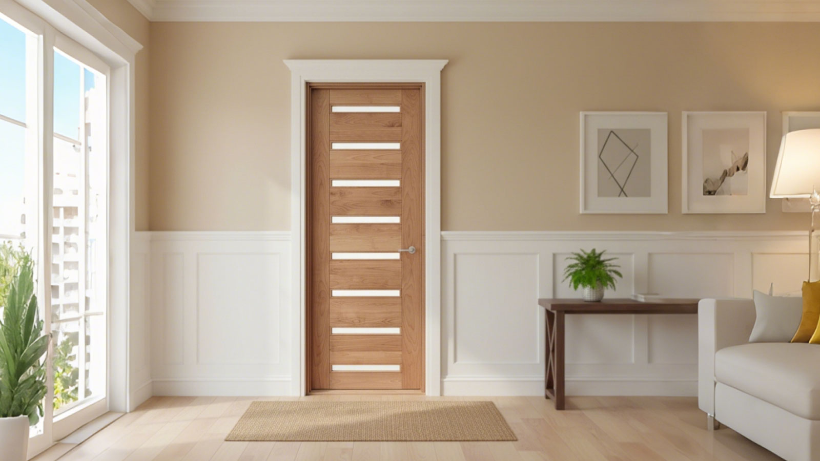 Modern 9-lite mahogany interior door featuring frosted glass panels installed in a contemporary living space
