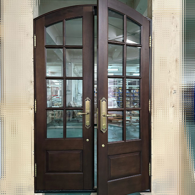 Custom French Arched Solid Wood Double Entry Doors with Glass Panels