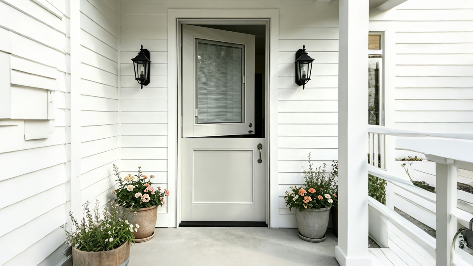 White Custom Wooden Dutch Front Door Farmhouse Exterior installed on a porch with potted plants