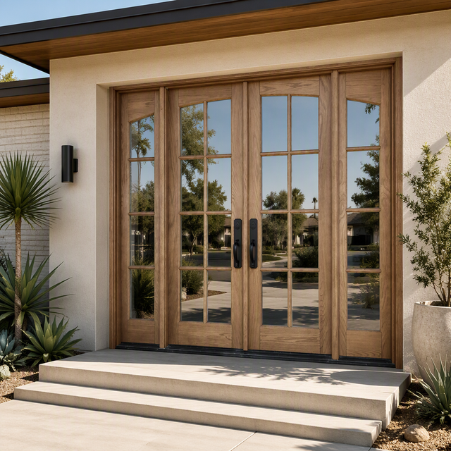 Solid Wood Front Double Door with Arched Top Glass Lite and Sidelights