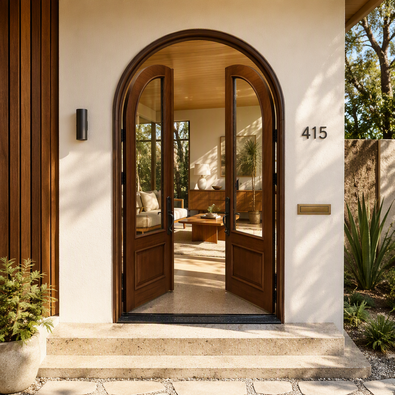 Waydoor Custom Arched Solid Wood Double Front Door with Glass