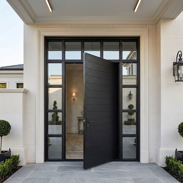 Black Single Solid Wood Front Door with Sidelights And Transom for Residential Projects