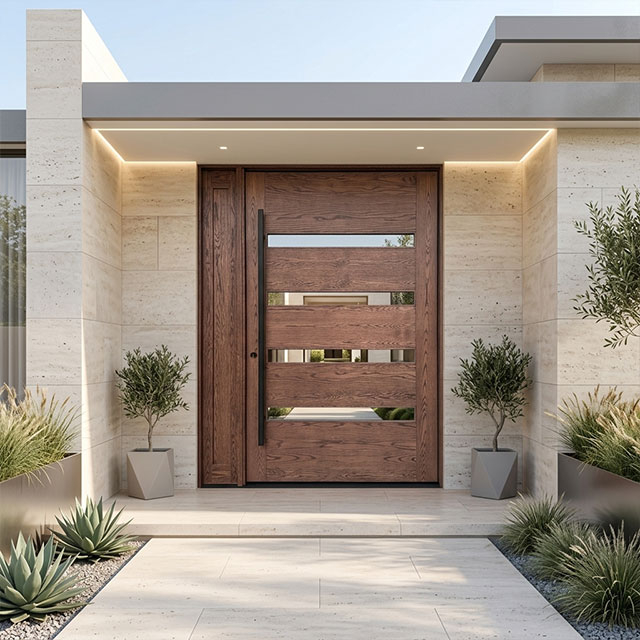Luxury 4-Lite White Oak Front Pivot Door with Single Sidelight