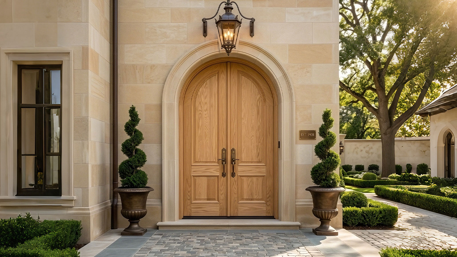 Custom Curved Exterior Front Double Doors for Homes installed in a luxury residential entryway