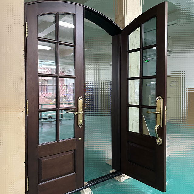 Custom French Arched Solid Wood Double Entry Doors with Glass Panels