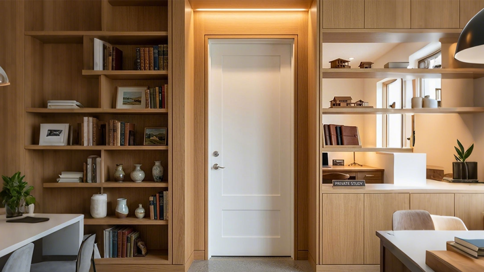 Solid Wood Shaker Interior Room Door installed in a modern private study, highlighting clean lines and acoustic privacy