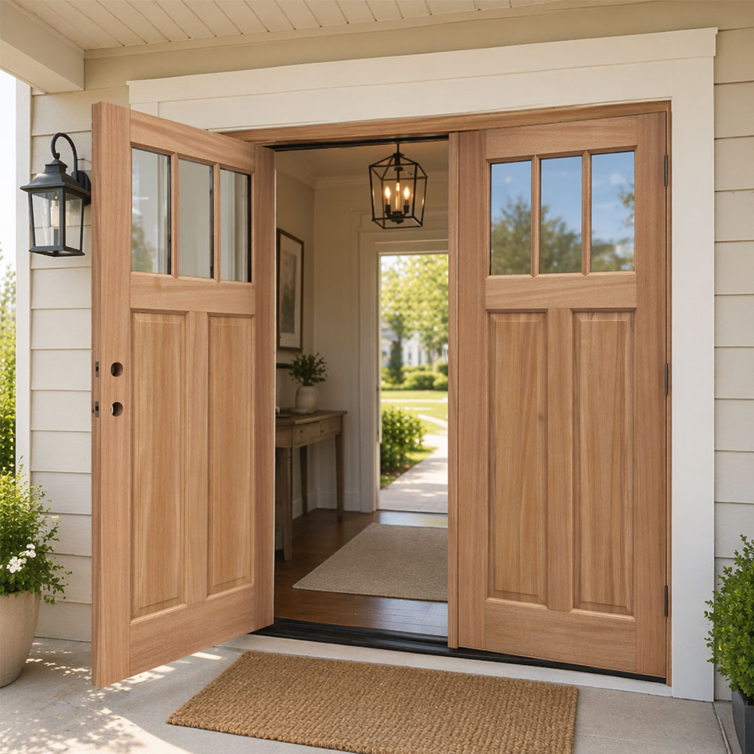 Craftsman style 6-Lite Solid core Red Oak wood front double door