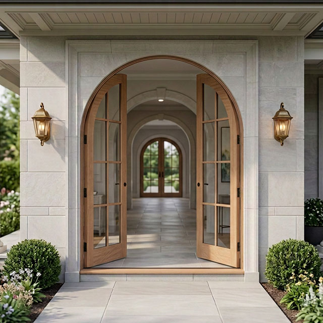 Arched Round Top Clear Glass Solid White Oak Wood Front Double Door