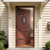 Speakeasy Window Reddish Brown Solid Wood Front Door with Wrought Iron Grille