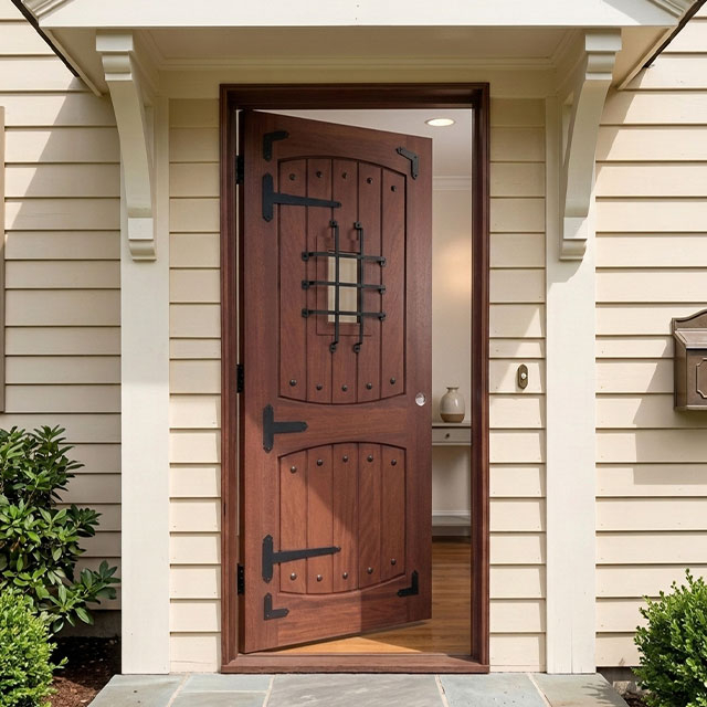 Speakeasy Window Reddish Brown Solid Wood Front Door with Wrought Iron Grille