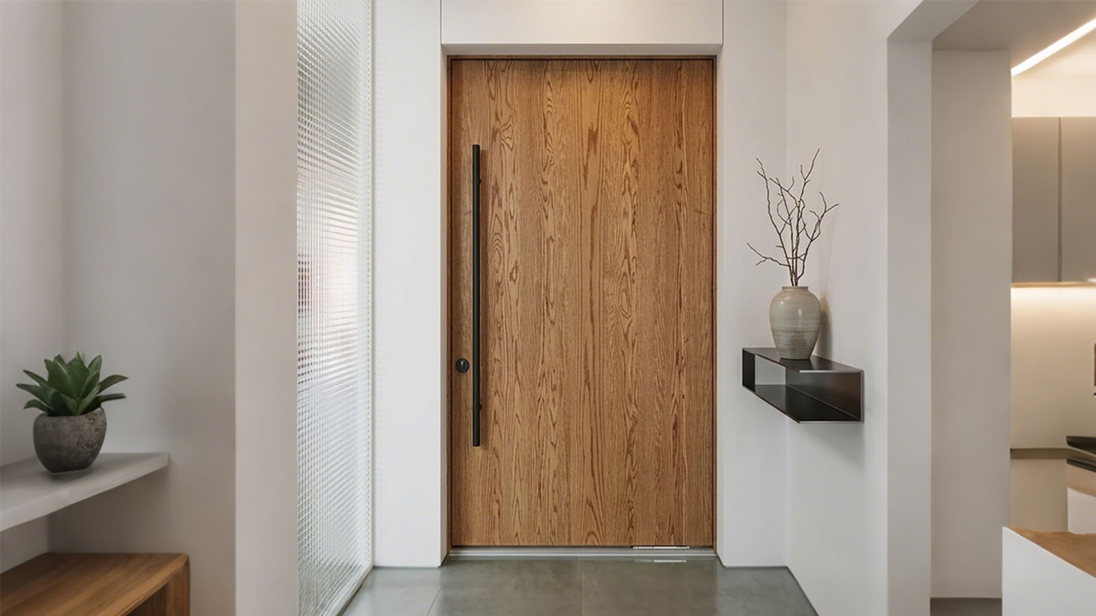 Architectural-grade solid wood pivot flush door with modern minimalist design in a luxury residence