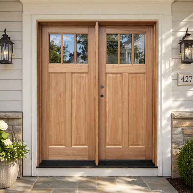 Craftsman style 6-Lite Solid core Red Oak wood front double door