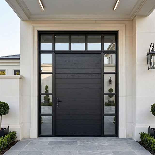 Black Single Solid Wood Front Door with Sidelights And Transom for Residential Projects