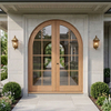 Arched Round Top Clear Glass Solid White Oak Wood Front Double Door