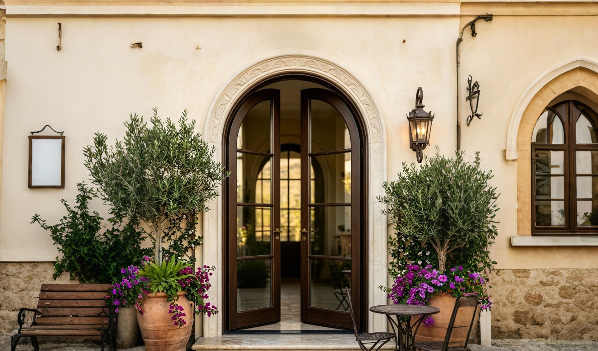 French 8-lites Glass Wooden Curved Top Exterior Double Doors with high-performance glazing