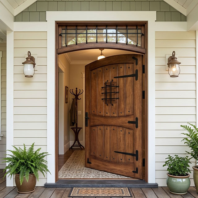 Red Oak Entry Door with Speakeasy Window and Transom