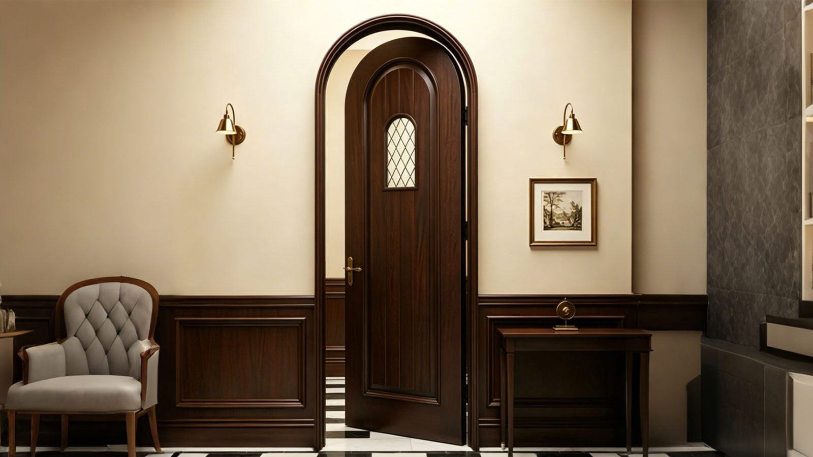 Elegance Curved Top Design Single Wood Front Door featuring premium solid wood and diamond-patterned arched clear glass