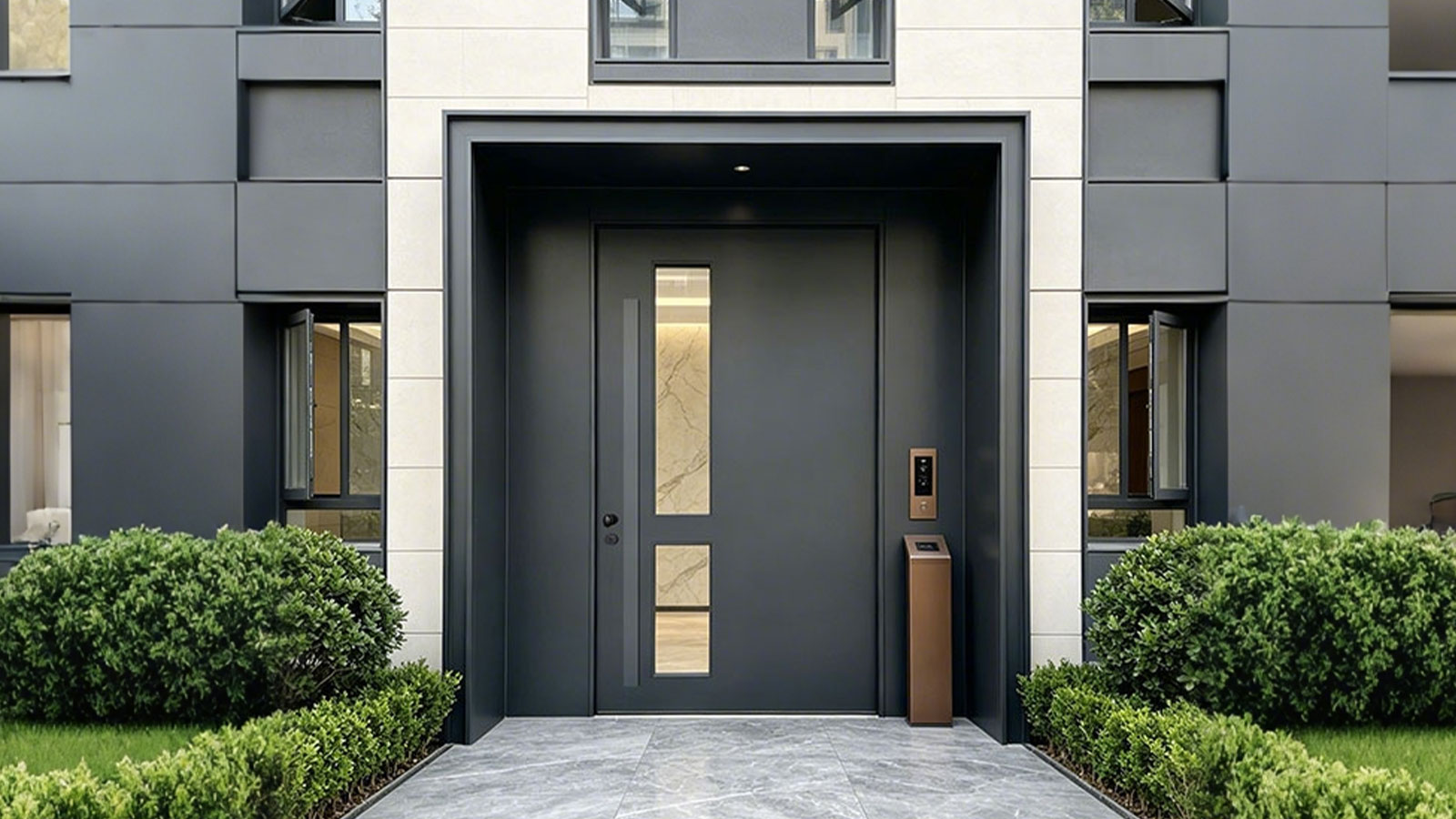 Modern dark gray exterior pivot door with vertical glass panel installed in a contemporary building facade