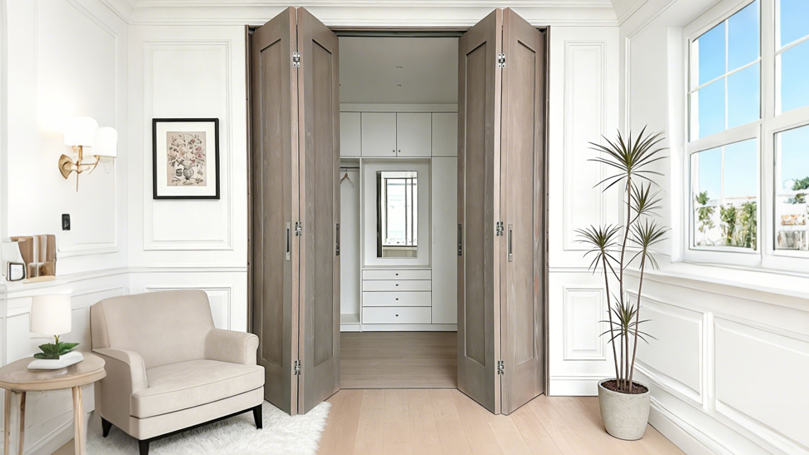 Shaker Panel Designs Sliding Solid Wood Folding Doors installed in a modern elegant closet space showcasing natural wood grain