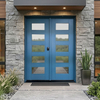 Mid Century Modern Blue Hardwood Double Front Exterior Doors with Glass Panels