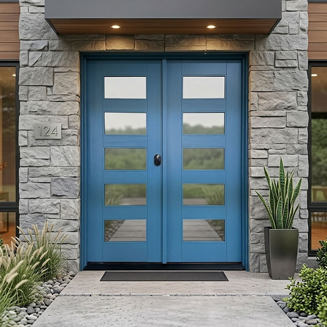 Mid Century Modern Blue Hardwood Double Front Exterior Doors with Glass Panels